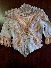 Antique 1890s Edwardian Blue Silk Bodice Irish Crochet Lace Collar Cuffs Corset