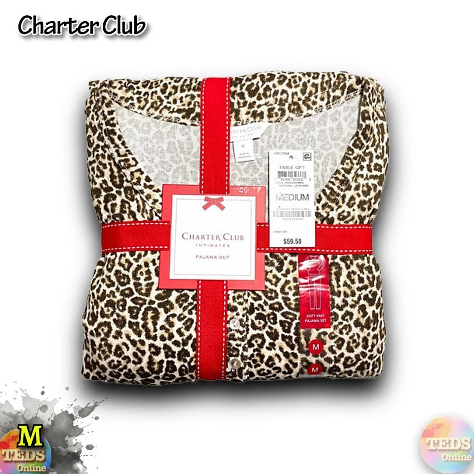 Nuevo con etiquetas Conjunto de pijama Charter Club para mujer M tejido suave manga larga 100154829, leopardo Foto 2 de 4