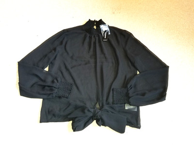 NWT Womens Top-EXPRESS-black silky sheer smocked mockneck twist tie whimsigoth-S