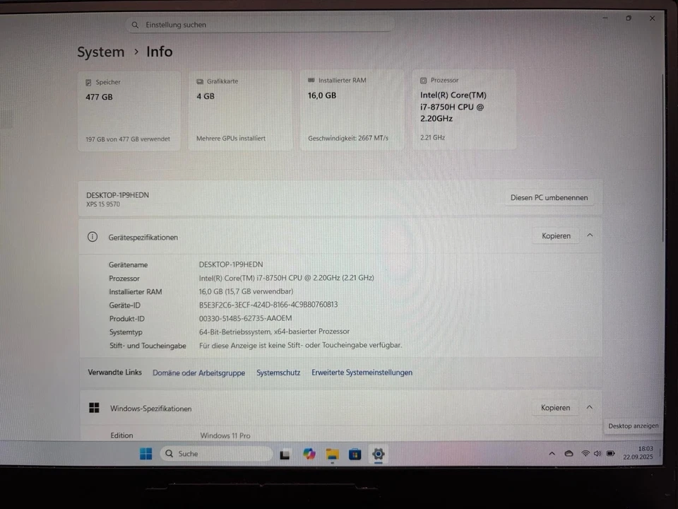 Dell XPS 15 9570 *WIE NEU* 15Zoll 512GB SSD Intel i7-8750H GTX1050Ti 16GB RAM - Bild 2 von 2