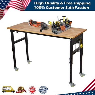 48''X24'' Adjustable Workbench with Power Outlet & Wheels Rubber Wood Work Table