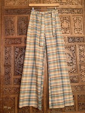 Vtg 70s Plaid Bell Bottom Drawstring Pants Wide leg Madras Indian Cotton Small S