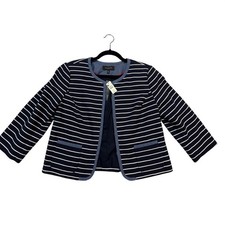Talbots Jacket Womens 12 Navy Blue NWT Striped Open Front Collarless Blazer