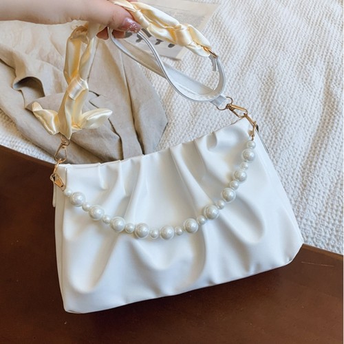 Elegant Faux Pearls Pleated Underarm Bag Cloud Strap Lightweight PU For Evening - Picture 2 of 8
