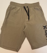 Hurley Boys 10/12 Tan Hybrid Athletic Performance Shorts Elastic Waist Logo EUC