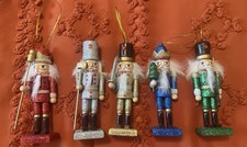 Lot of 5 Wooden Nutcracker Christmas Ornaments Multicolor Glitter Standing 2018