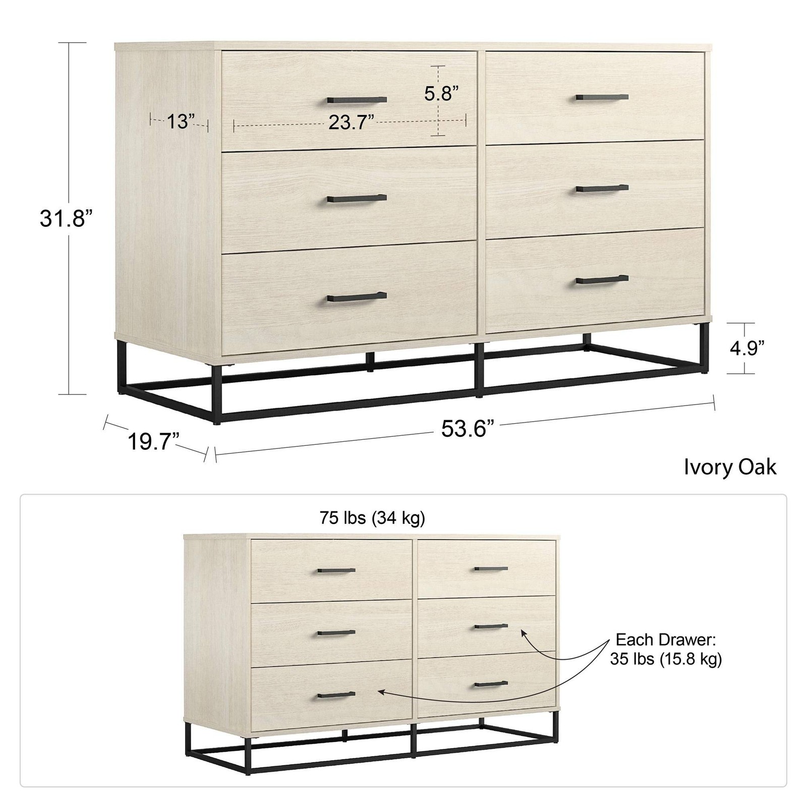 Ameriwood Home Novogratz Kelly 6-Drawer Engineered Wood Dres