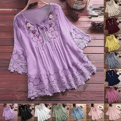 Boho Damen Sommer Schnür T-Shirts Bluse lose Blumen Tee Tops Übergröße 6-24