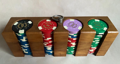 Vintage MCM Holz Poker Caddy & 92 Casinos Pagor Chips Set $1 $5 $25 $100 $500