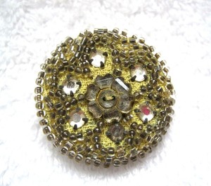 Older-Larger-Hand-Beaded-w-Rhinestone-Floral-Fabric-Button-1-1-4-034-Yellow-amp-Clear