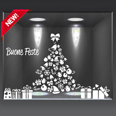 Vetrofania Natalizia Adesiva Per Vetrine - Albero Di Natale E Palline Con Scritta Merry Christmas - Adesivi In PVC Per Negozi E Case (v127)