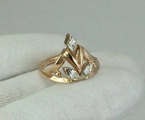 Vintage Original Natural Diamond Solid Rose & White Gold Ring 583 14K Kharkiv - Picture 7 of 11