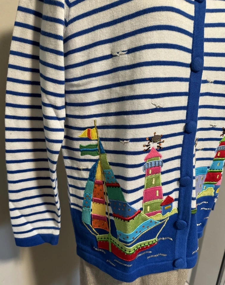 QUACKER FACTORY Sweater Lighthouse Seagull Sailboat Waterfront Cardigan M NEW - Image 4 of 4