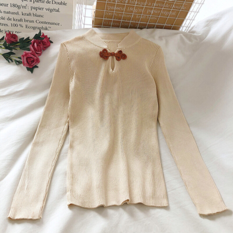 Women Cheongsam Collar Pullover Key Hole Knit Sweater Frog Button Top Blouse