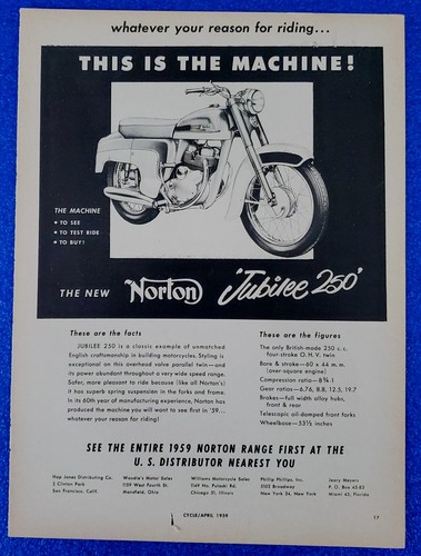 1959 NORTON MOTORCYCLE VINTAGE PRINT AD JUBILEE 250 "THIS IS THE MACHINE!"