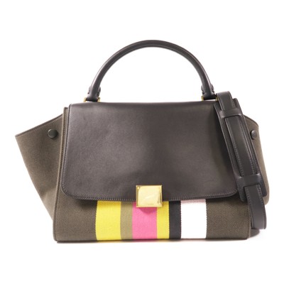 CELINE GHW Trapeze 2 Way Bag Calfskin Leather/Canvas Black/Green/Multicolor