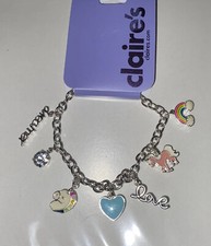 Claire s Pink Blue Rainbow Unicorn Silver tone Love charm bracelet jewelry