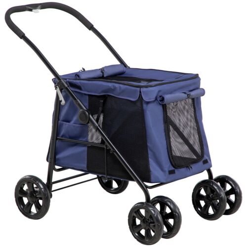 PawHut One-click Foldable Pet Stroller w/ Mesh Windows for Small Pets - Blue