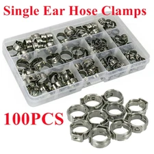 100PCS Stainless Steel Single Ear Hose Clamps Assortment Rings ON Fuel Pipe Clip