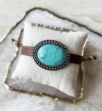 Women  s Trendy Brown Leather Turquoise Pull Strung Bracelet Boho
