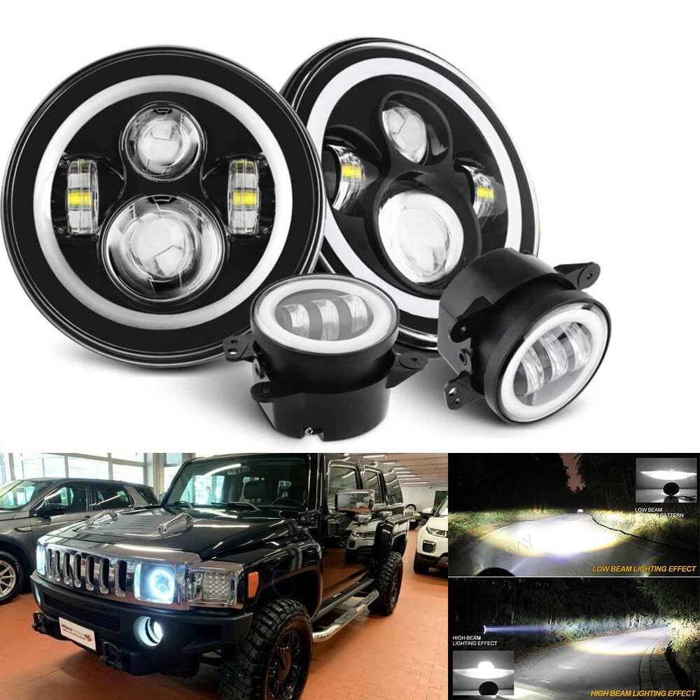 Pair Halo 7 LED Headlight & 4'' Fog Light Combo Kit For 06-10 Hummer H1 H2  H3