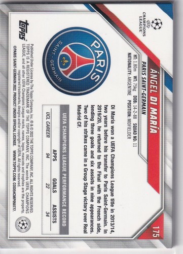 Topps 1st First Edition 2022 CL Numéro 175 Ange Di Maria - Picture 2 of 2