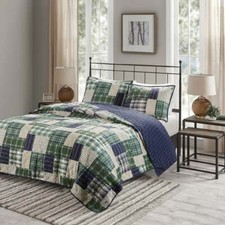NEW COZY PLAID BLUE NAVY GREEN BEIGE RUSTIC BEIGE LOG CABIN LODGE QUILT SET