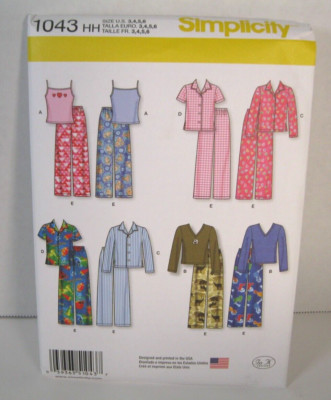 Simplicity 1043 Unisex Sleep Wear: Pants, Shirt & Tops Pattern Child 3-6 Uncut