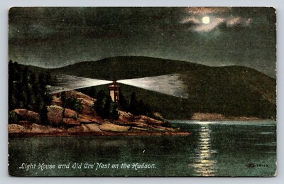 1908 Antique Postcard Light House and Old Cro' Nest on the Hudson NY Night Moon