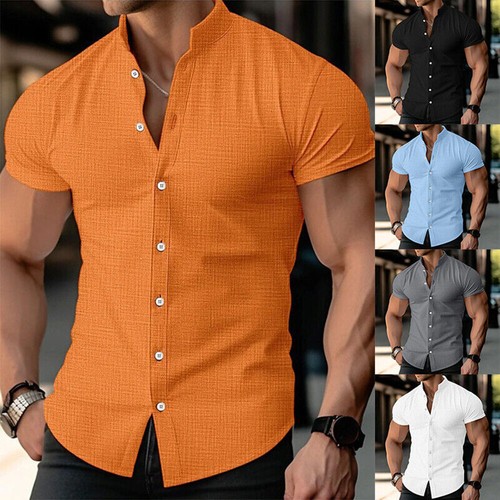 Mens Summer Button Up Shirts Solid Short Sleeve Casual Formal Work Tops Shirts - Picture 1 of 14