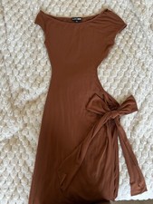 Fashion Nova Camel Maxi Dress with Side Cut Out and Tie Detail 