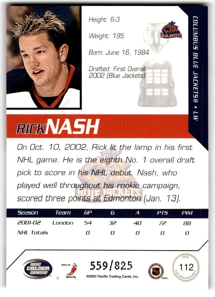 2002-03 Pacific Calder Rick Nash Rookie 559/825 #112 Columbus Blue Jackets - Image 2 of 2