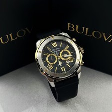Bulova Marine Star 98B277 Men s Quartz Watch Black Gold Dial Silicon Strap 44MM
