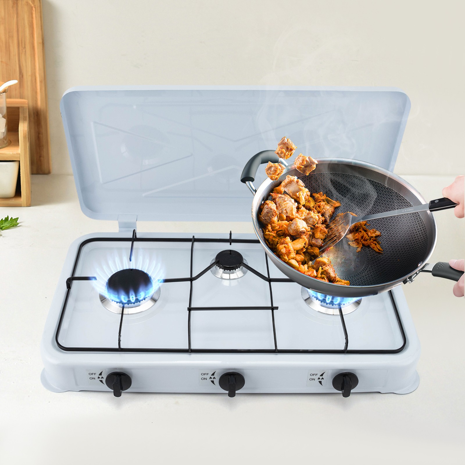 59*32*7cm 3 Burner Iron Gas Stove Gas Cooktop W/ A Windshield For Restaurants