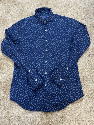 Polo Ralph Lauren Shirt Men Medium Blue Slim Fit Flower Paisley Blue Pony