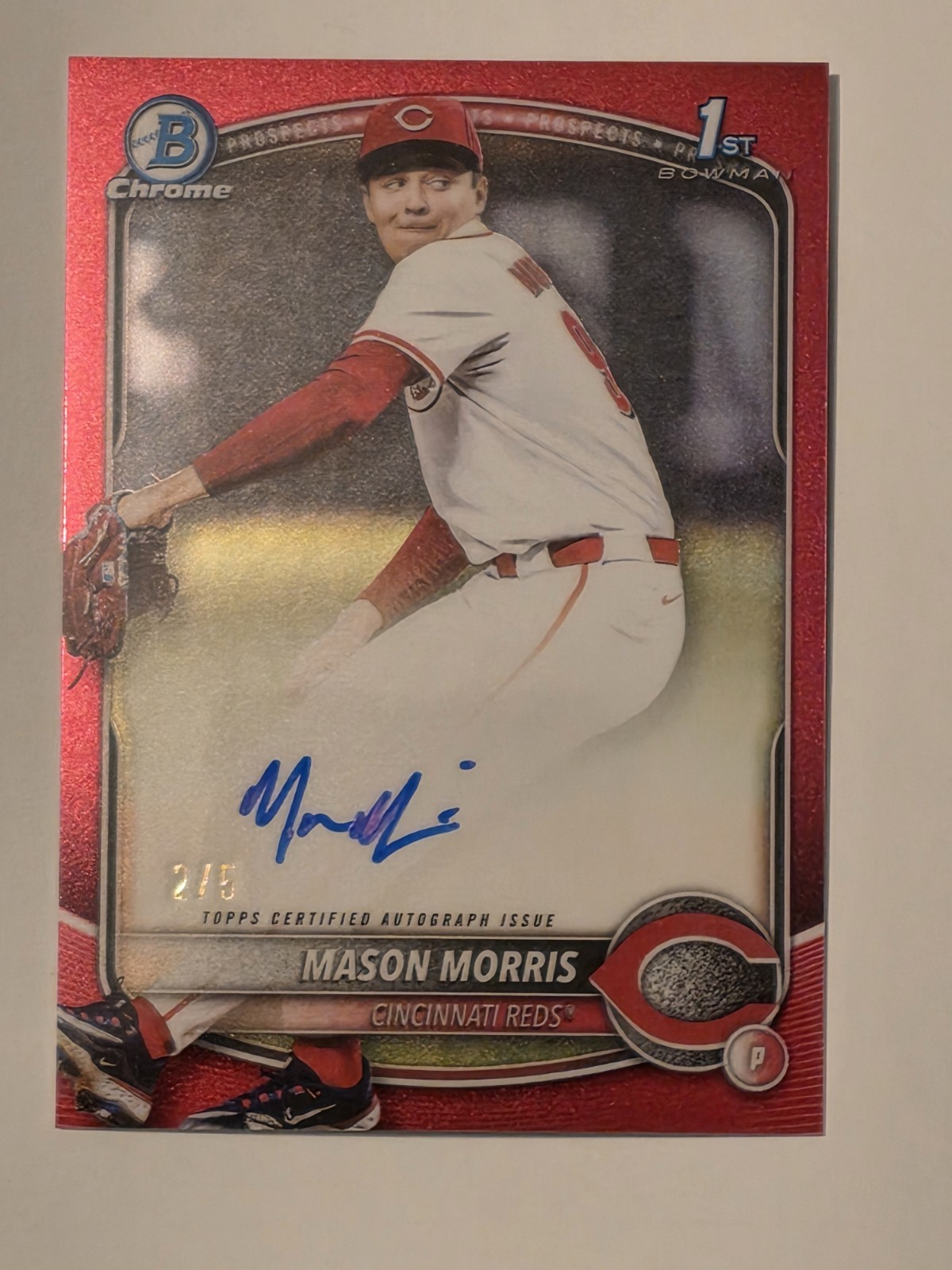 2025 Bowman Draft Mason Morris Chrome True Red Refractor 2/5 1st Auto Reds