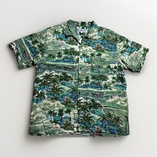 Vintage 90s Rayon Hawaiian Shirt L Loop Collar Tropical Lagoon
