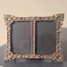 Jeweled Goldtone Metal Picture 2 Mini Photo Frame Velvet Back Elegant Home Decor