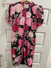 Vintage 80s Flora Kung Pure Silk Jacquard Floral Dress Sz 8 Puff Sleeve Buttons