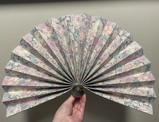Vintage Chinese Folding Hand Fan with Metal Handle Peacock Floral Design