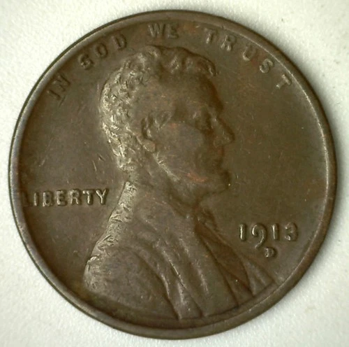 1913 D Lincoln Wheat Cent Coin 1c US Penny FINE Circulated Denver Mint Red/Brown