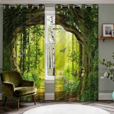Enchanted Forest Blackout Curtains Patterned Tree Scenic Nature Green Spring ...