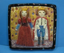 Vintage Pewabic Artist MARCIA HOVLAND Pottery Tile Prince and Princess 4.25"