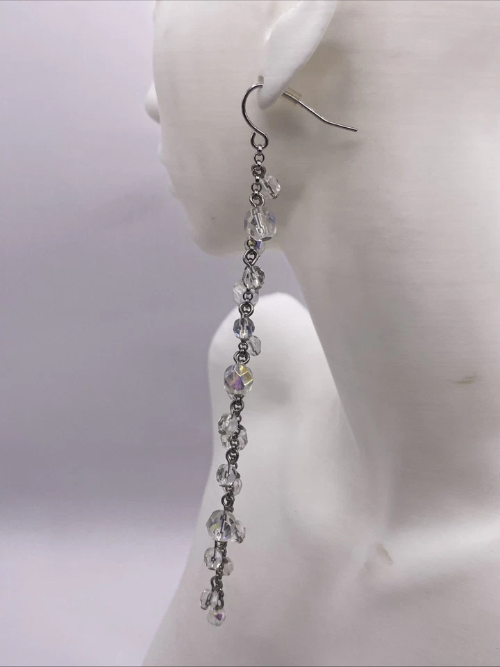 Pendientes colgantes vintage tono plata cuentas transparentes E2 Foto 3 de 4