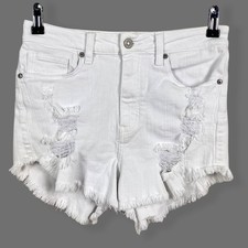 Eunina Lulu High Rise Cut Off Distressed Denim Shortie Shorts MEDIUM White