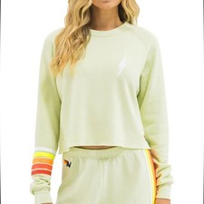 Aviator Nation - Bolt Rugby Stitch Crop Sweatshirt - Lime Cream / White Neon