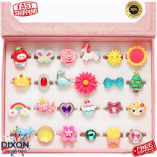 Adjustable Kids Rings Set 24PCS Pretend Play Jewelry Gift Box for Girls Age 3-8