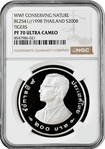 Thailand 200 baht 1998, NGC PF70 UC, "World Wide Fund - Tigers" Top Pop 1/0