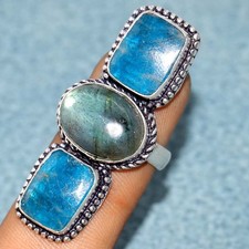 925 Silver Plated Long Fiery Labradorite Blue Apatite Ring US 7.5 Jewels GW