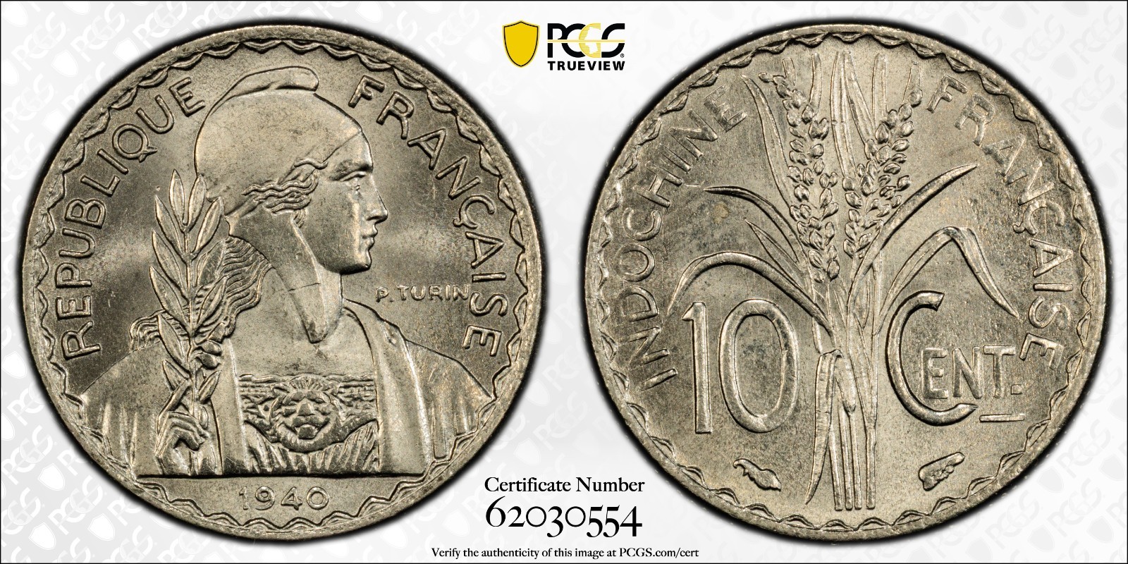 French Indochina 10 Cents 1940 PCGS MS 66